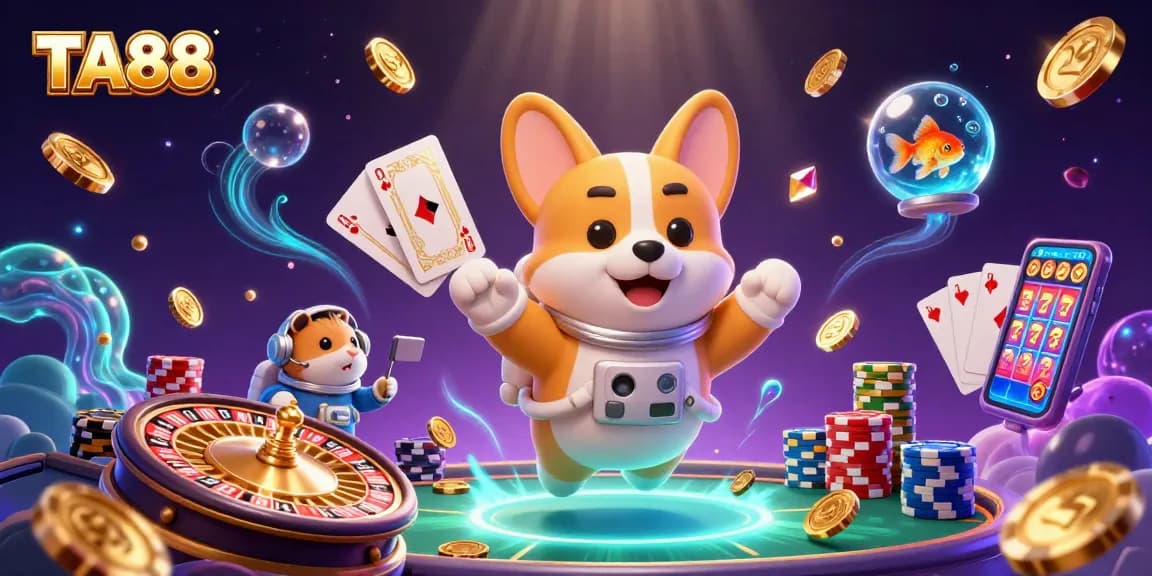 Join the fun with TA88 in a vibrant space casino scene filled with floating poker chips and coins!
