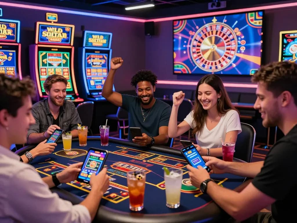 Players enjoying the excitement of wild sultan casino en ligne, celebrating wins in a lively online gaming scene with vibrant atmosphere.