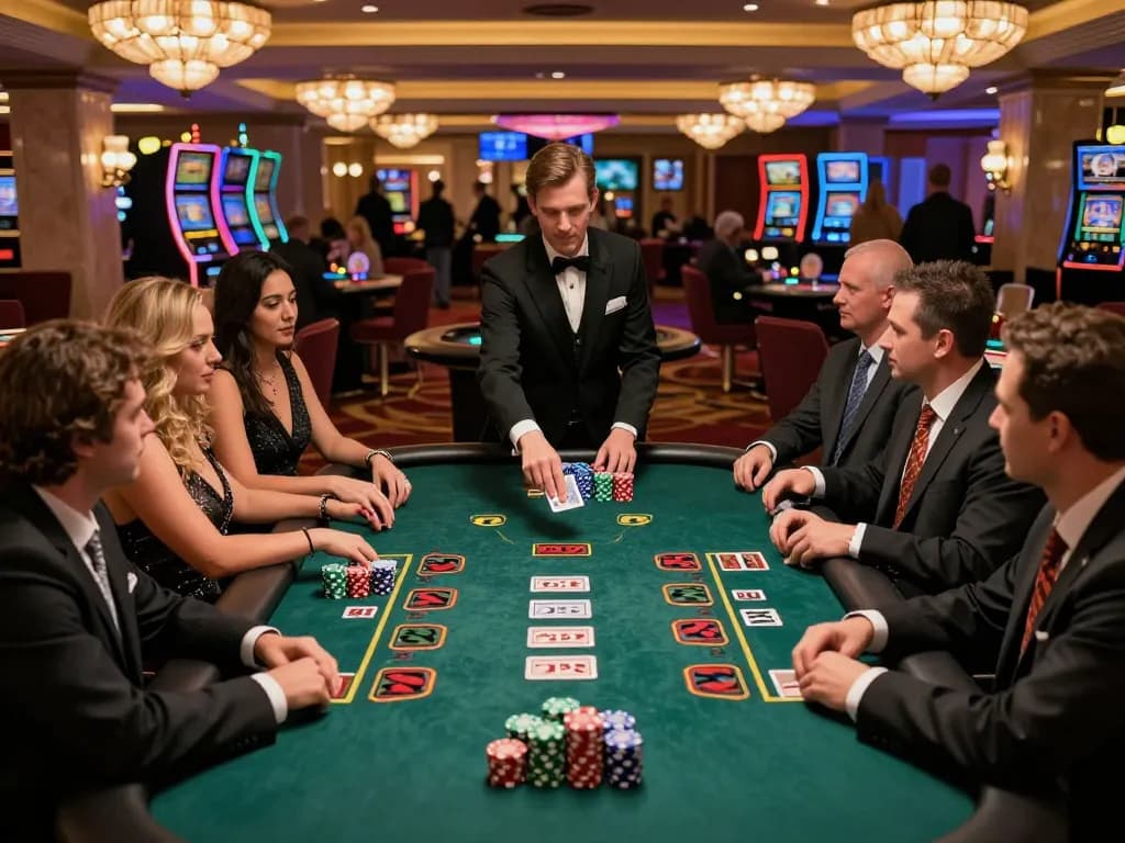 Players enjoying blackjack at a luxurious casino table at man88a, showcasing vibrant gameplay and engagement.