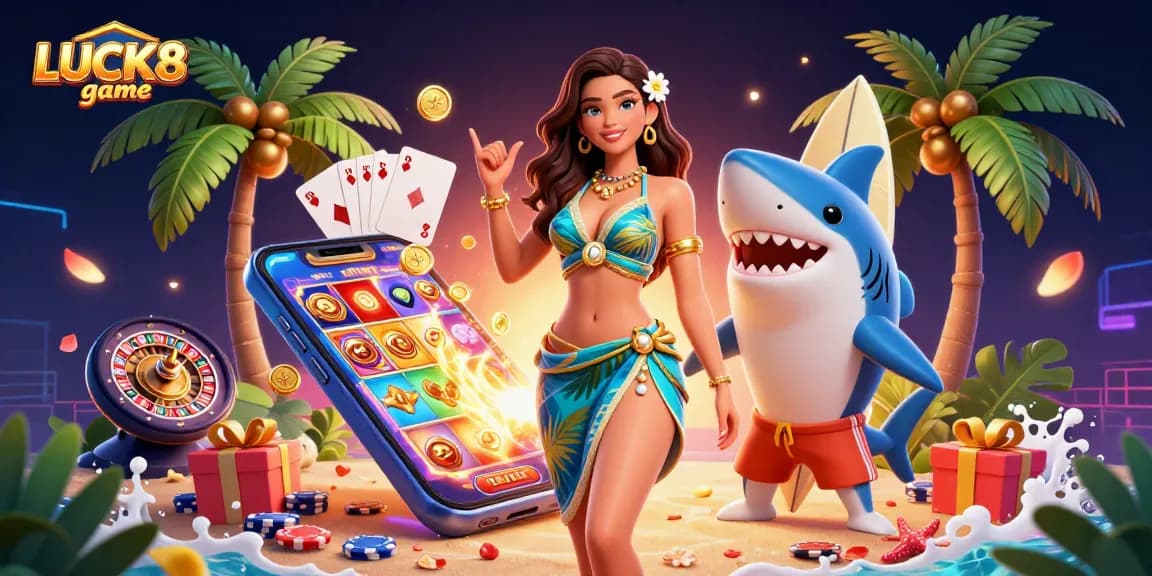 Experience thrilling LUCK8 game with vibrant slot gameplay and dynamic characters in a stunning 3D scene.