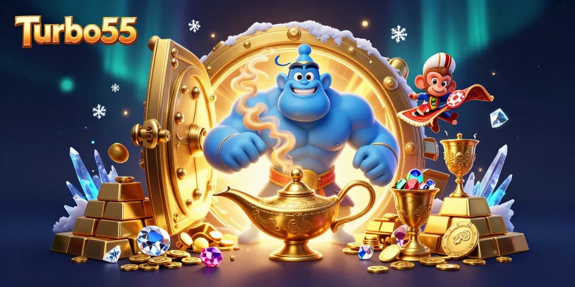 Experience thrilling gaming at Turbo55 with a vibrant genie and colorful magic elements.