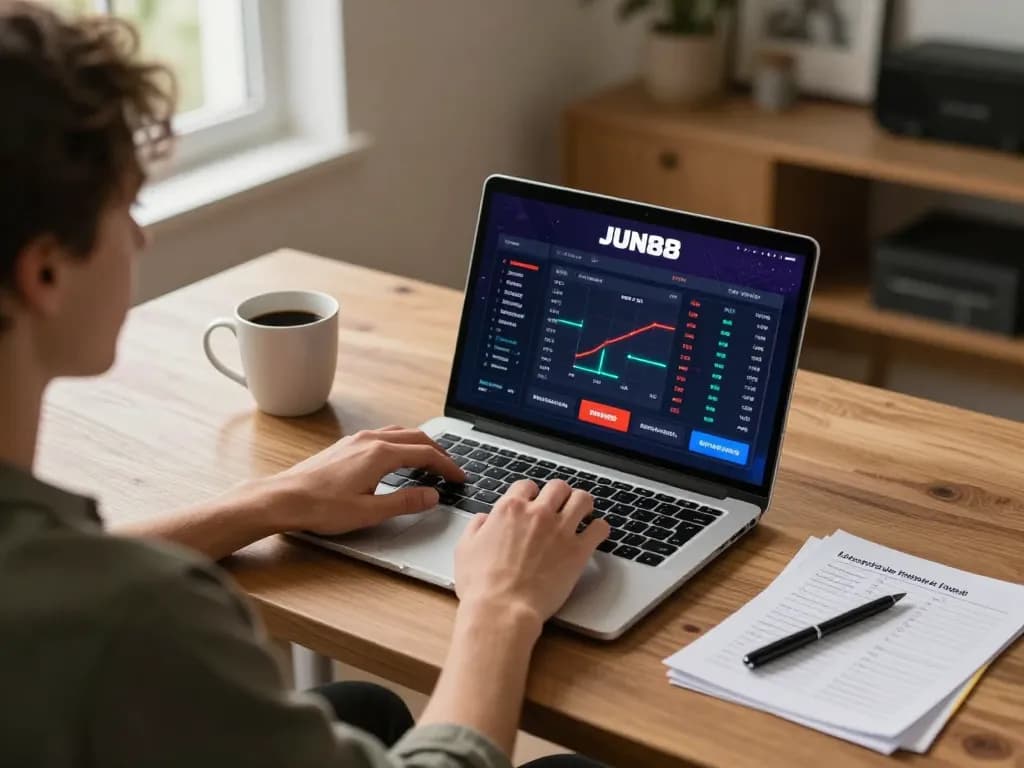 Person using JUN88 app for sports betting, engaging with live odds in a cozy workspace.