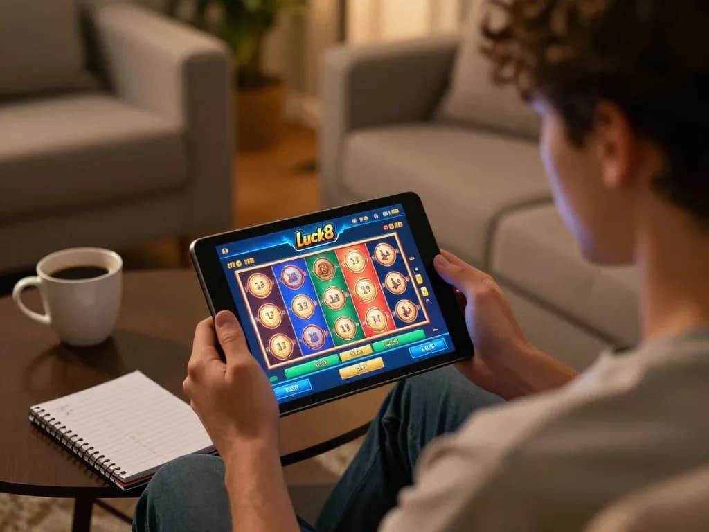 Player engaging in a Luck8 slot game with vibrant interface on tablet in cozy living room.