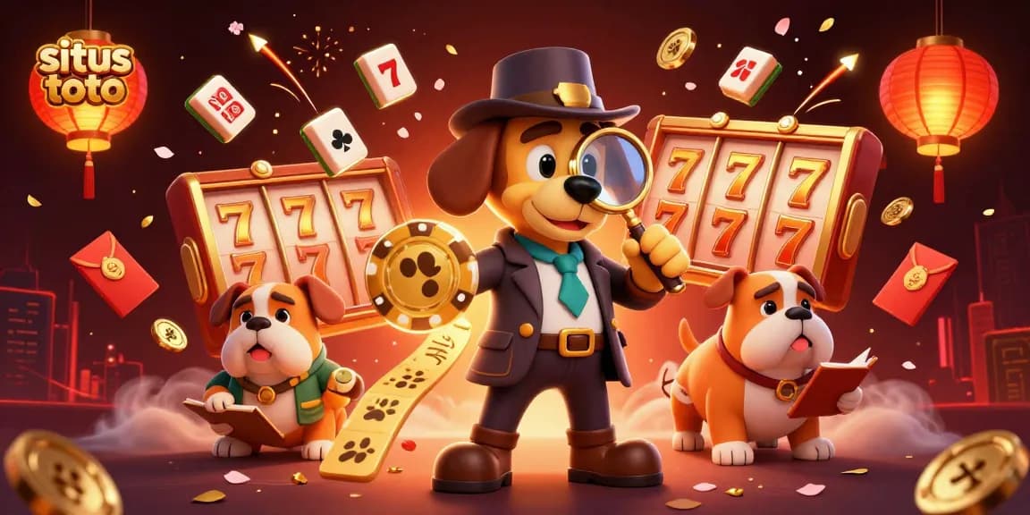 Situs toto online gaming scene featuring playful casino elements, a bloodhound and bulldog, and festive decorations.