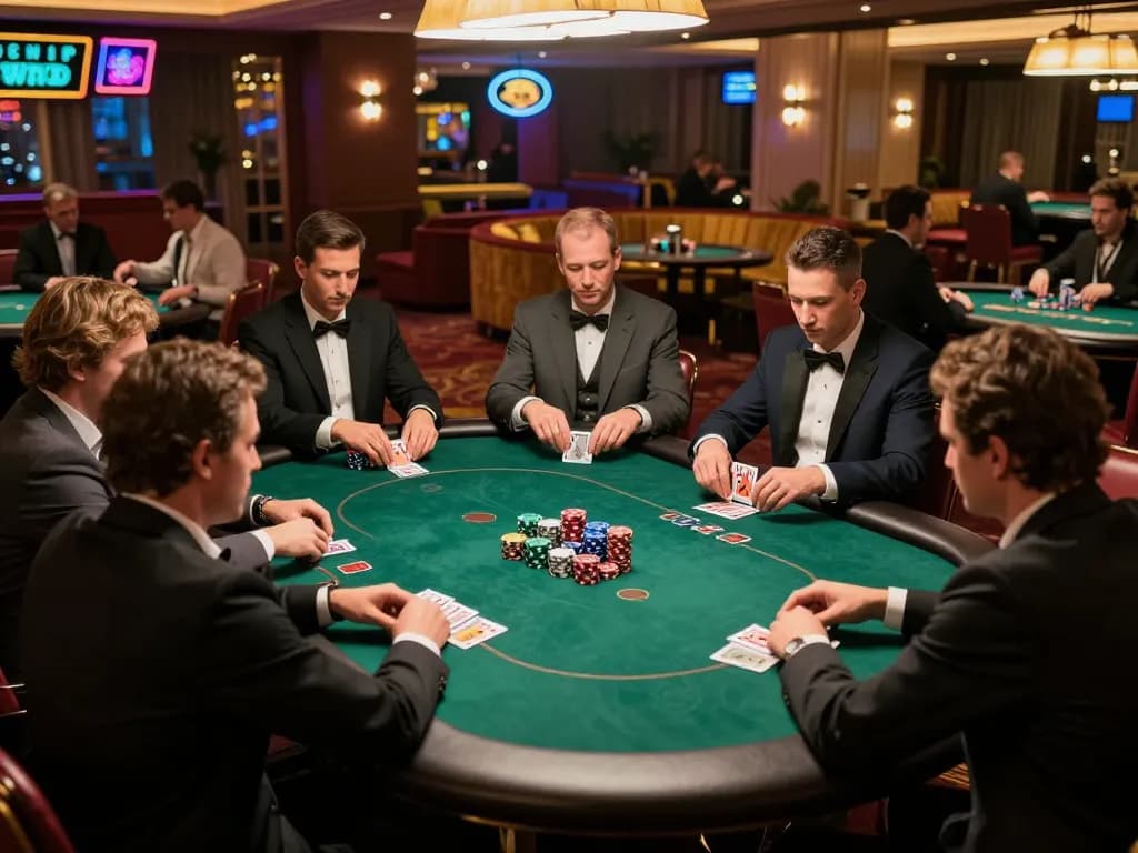Go99 players strategizing at a poker table in a luxurious casino ambiance.