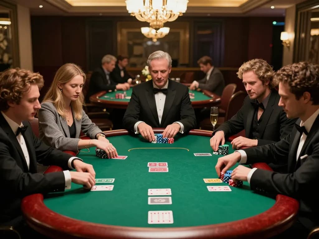 Players engaging in a strategic poker game at a luxurious casino, featuring 9bet's upscale atmosphere