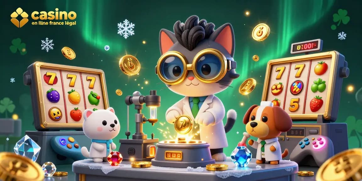Participez à la scène vibrante d'un endroit de casino en ligne en France légal, avec un scientifique animé et son assistant au milieu de pièces d'or et de machines à sous.