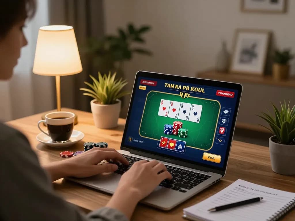 Engaging moment at home with sc88 online poker gaming on laptop, stylish desk, and cozy lighting.