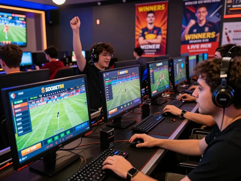 Players engaging with SBOBET88 in a lively online casino setting, celebrating their betting strategies.