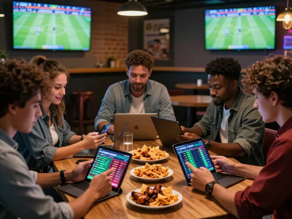 Enthusiastic bettors analyzing kèo nhà cái chuẩn on digital devices in a vibrant sports bar.