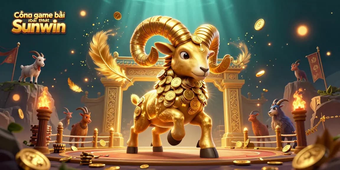 Cổng game bài đổi thưởng Sunwin showcases a dynamic scene with a golden ram charging at a gate amidst swirling golden elements, invoking exciting gameplay.