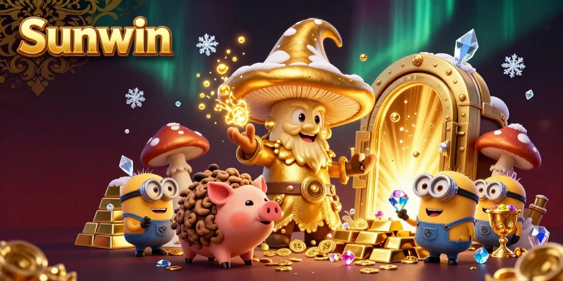 Engage with Sunwin's gambling experience featuring a golden wizard and treasure in a vibrant 3D illustration.