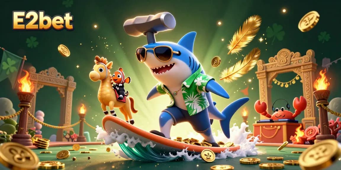 E2bet showcases an exciting ocean-themed casino adventure with a shark and friends surfing on gold coins.