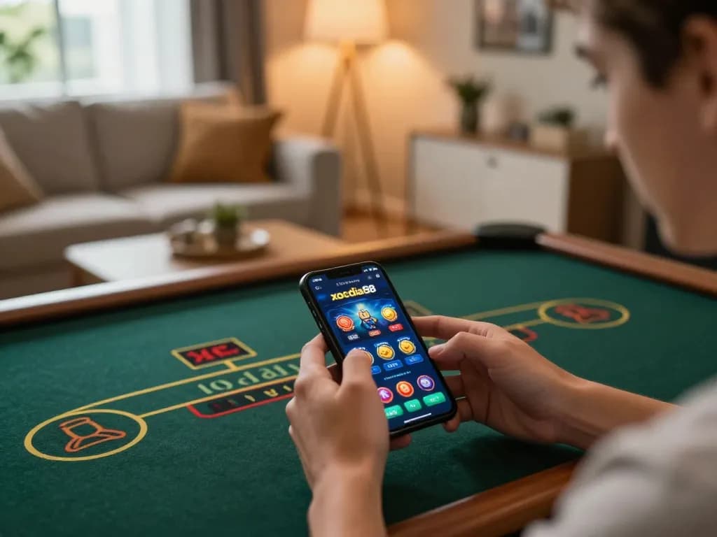 xocdia88 app showcased on a smartphone in a cozy living room for online gaming excitement