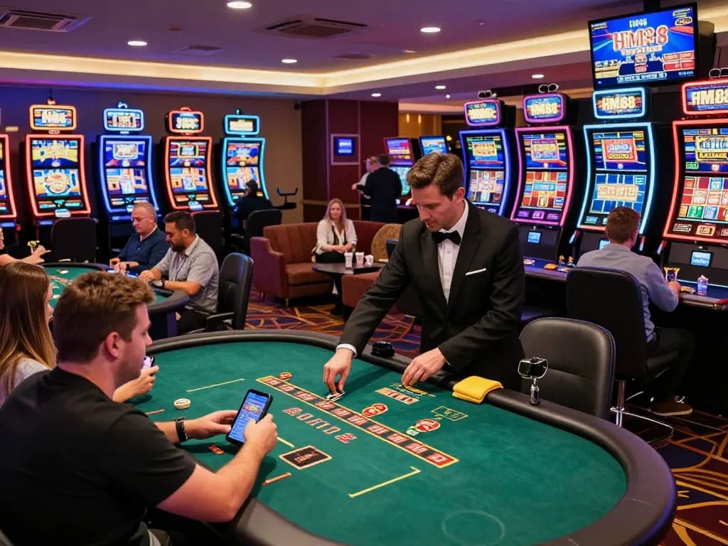 Exciting HM88 casino gaming scene with players at modern tables and vibrant slot machines.