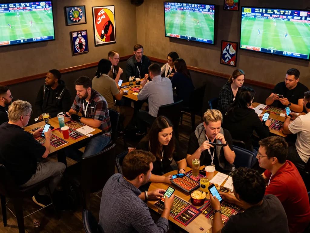Experience the thrill of live sports betting at xocdiavn with bettors cheering and engaging over their favorite teams.