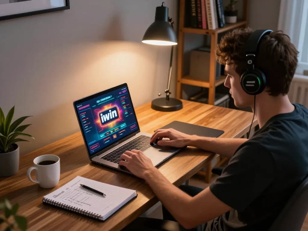 iwin online gaming session with a player focused on strategy and fun in a cozy home office