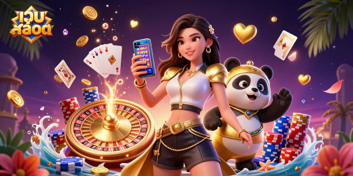 Engaging illustration of เว็บสล็อต featuring Asian woman holding smartphone with slot game, golden panda mascot, and vibrant casino elements.