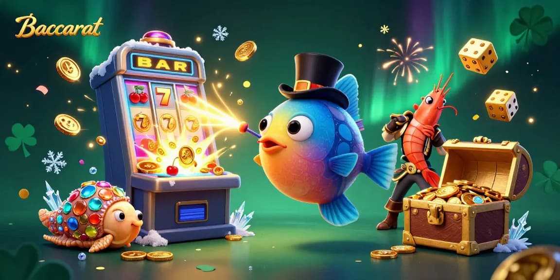 Baccarat game scene featuring cartoon fish attracting coins with magical lure amidst colorful jackpot elements