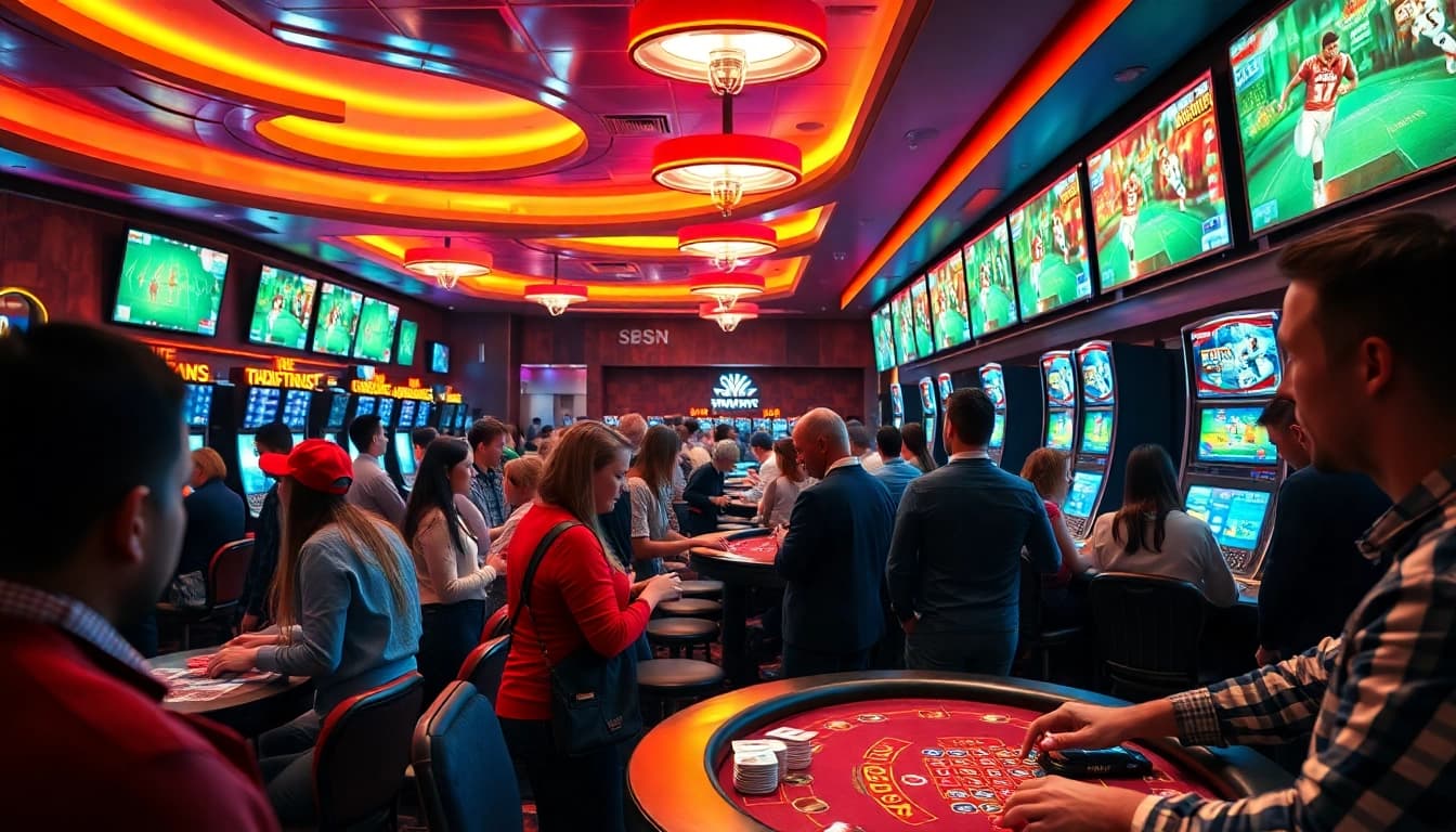 Engaging scene of sports betting Malaysia in a vibrant casino, showcasing various patrons and excitement.