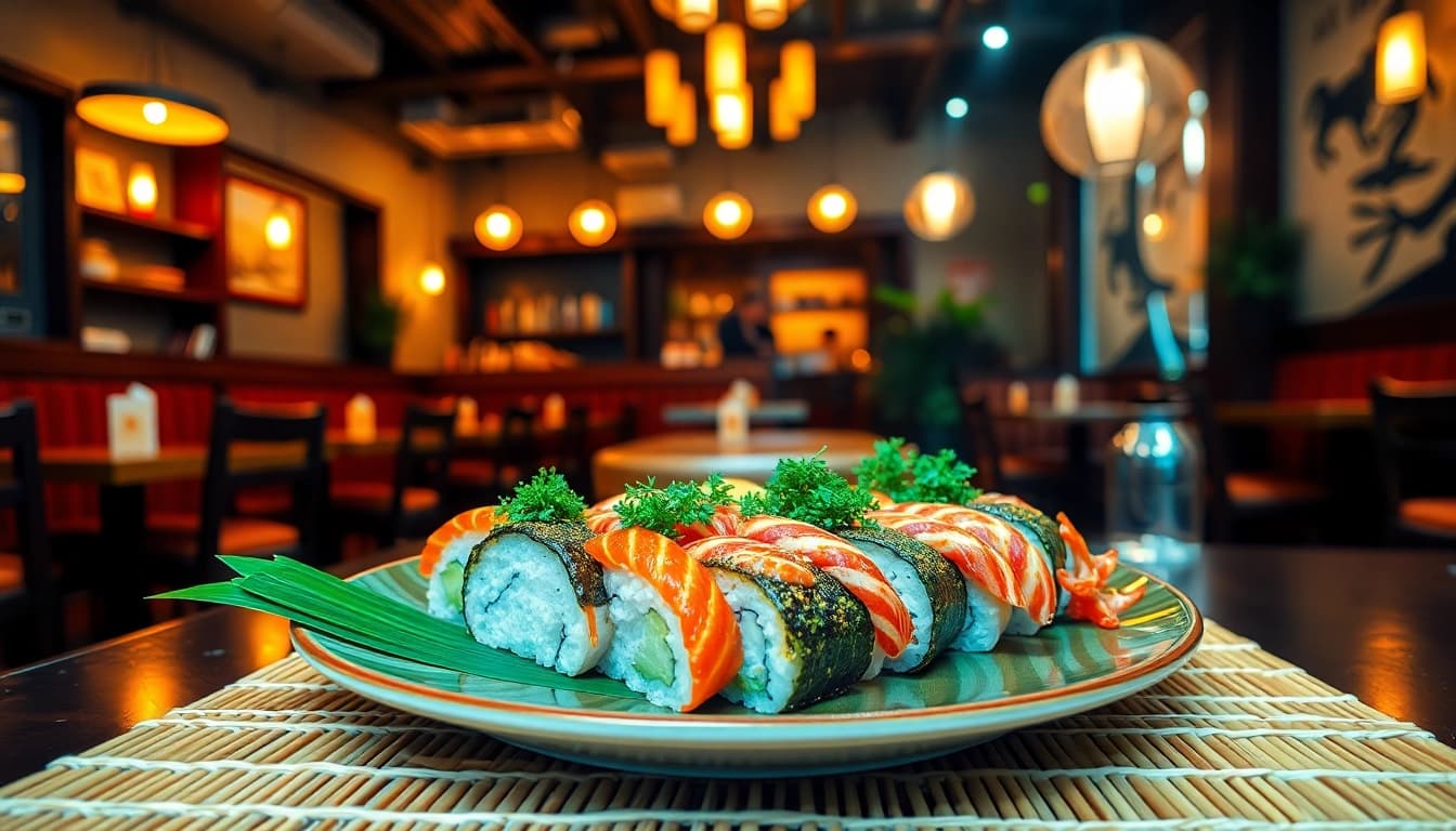 MISTER HOKI sushi plate in a vibrant restaurant setting showcasing a cozy atmosphere.