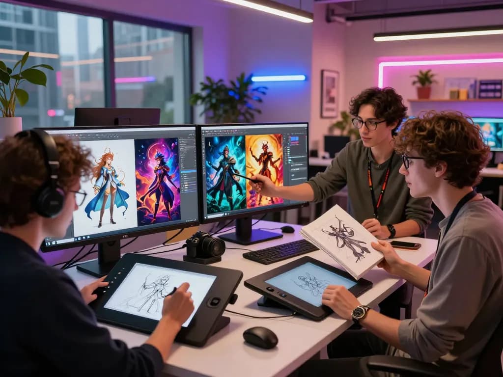 Artists collaborating on AI NSFW image generation in a vibrant digital art studio.