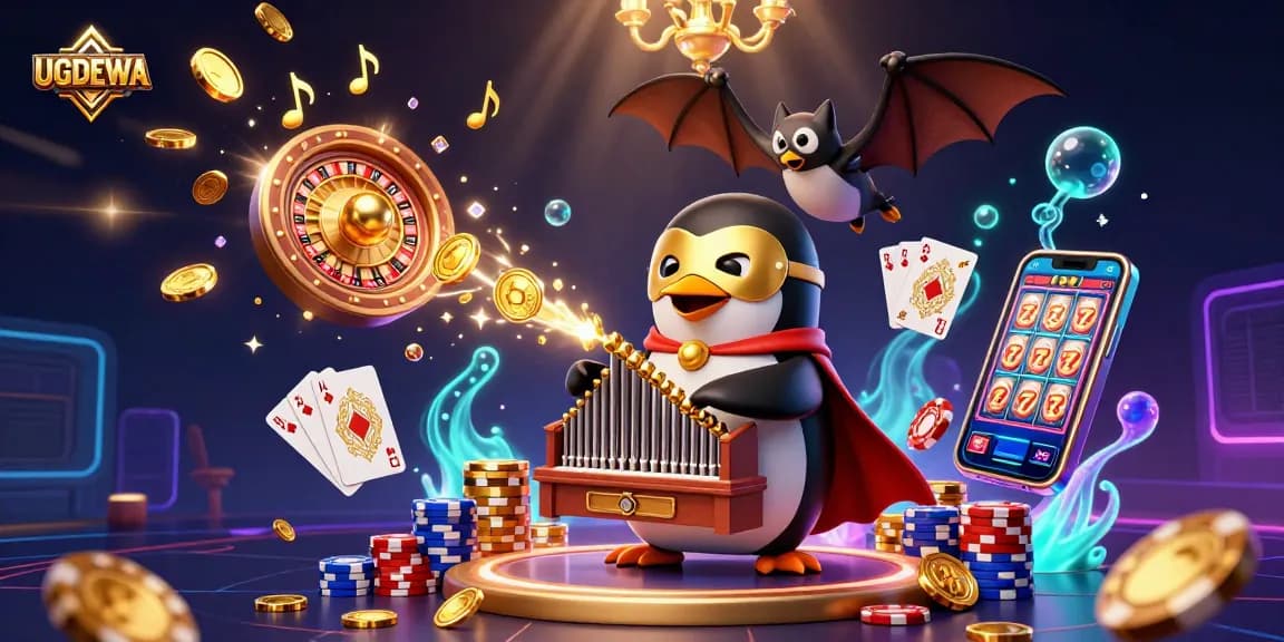 Experience the thrill of UGDEWA with a 3D penguin organist and golden coins cascading!