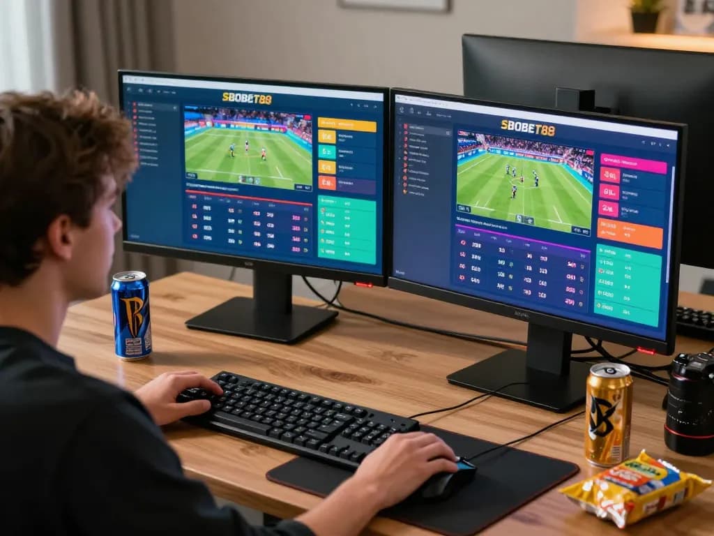 Engaged user placing bets on SBOBET88 from a modern home office setup.