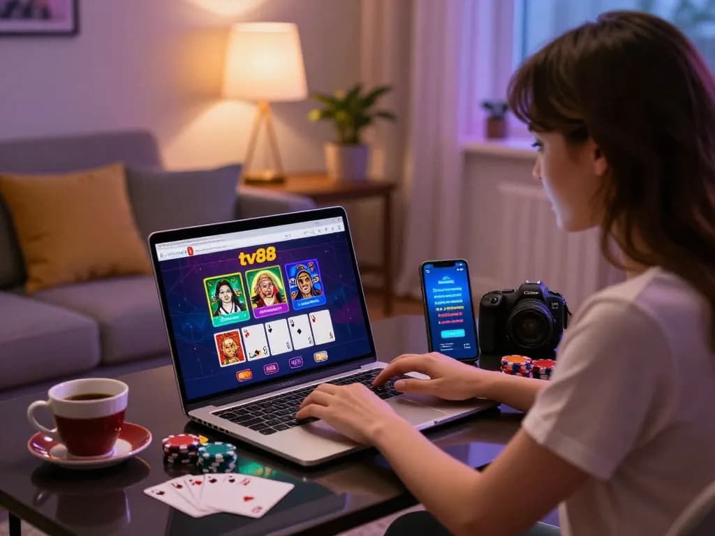 Engaging player enjoying tv88 casino experience at home, surrounded by gaming elements.