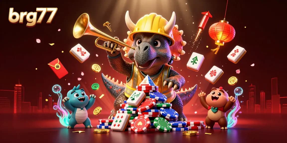 Cheer as brg77 brings excitement with vibrant casino elements and playful characters, celebrating gaming.