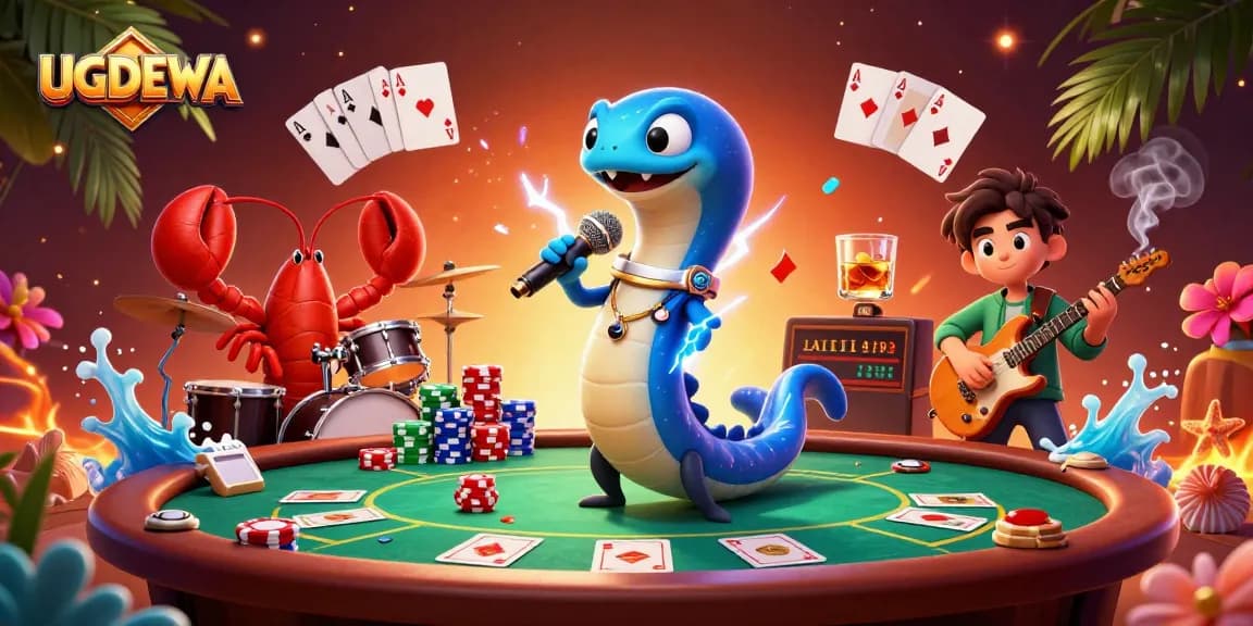 UGDEWA features an electric eel DJ with lobster drummer and seahorse guitarist in a vibrant underwater casino scene.