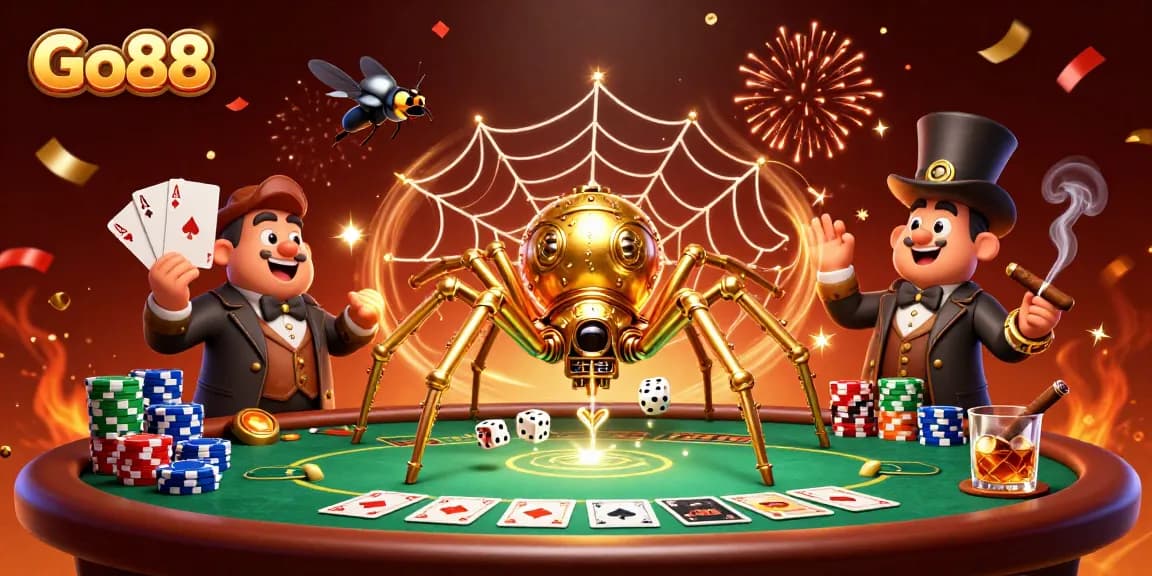 Experience the thrill of Go88 with a steampunk spider and lucky dice in this dynamic casino scene.