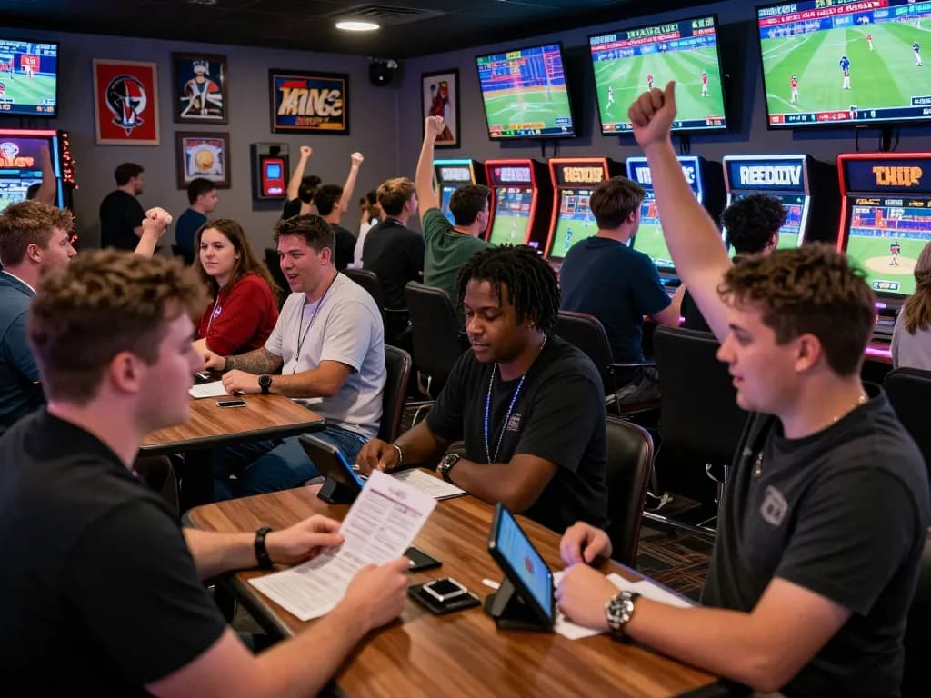 Debet users engaging in sports betting excitement, actively placing bets while watching live games.