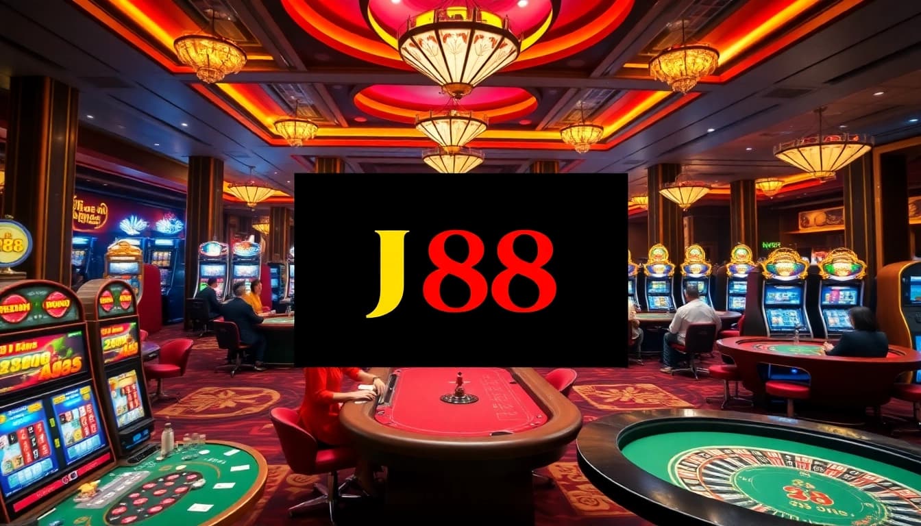 Experience the thrill of J88 đăng nhập at a luxurious casino with vibrant gaming tables and engaging dealers.