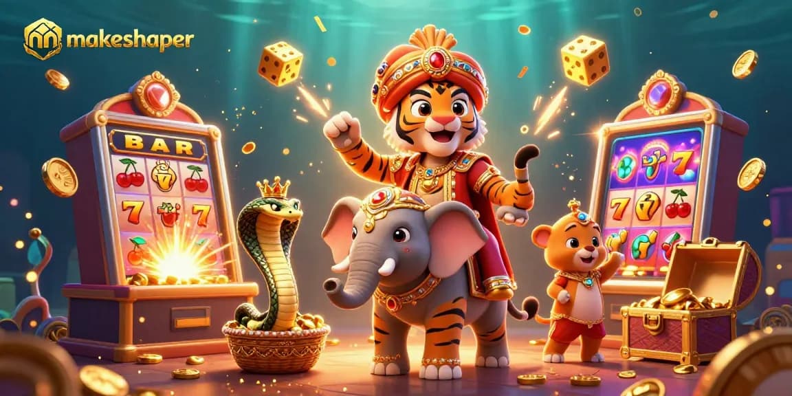 Makeshaper highlights 3D casino illustration with vibrant characters and dynamic game elements.