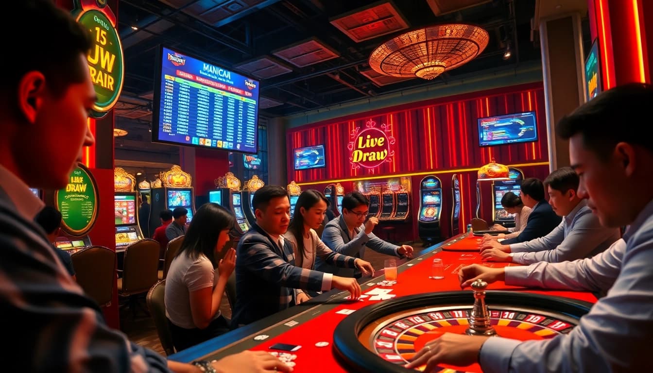 Experience the thrill of Keluaran Macau results at a vibrant casino scene with players engaged in the action.