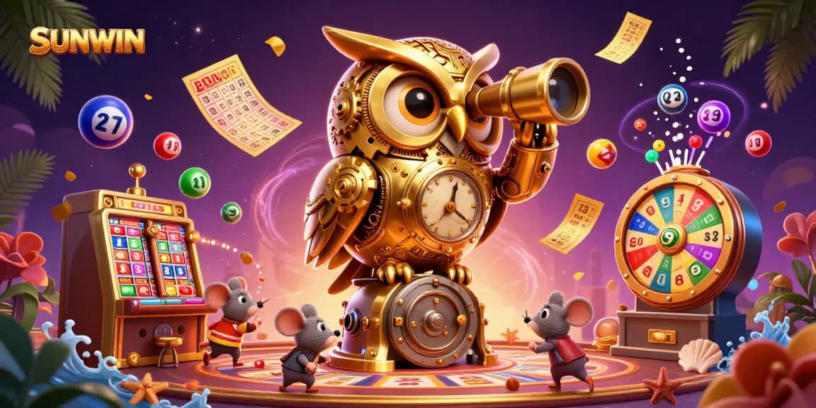 SUNWIN showcases gaming excitement with a whimsical casino scene featuring a golden owl, lively slots, and dynamic lottery elements.