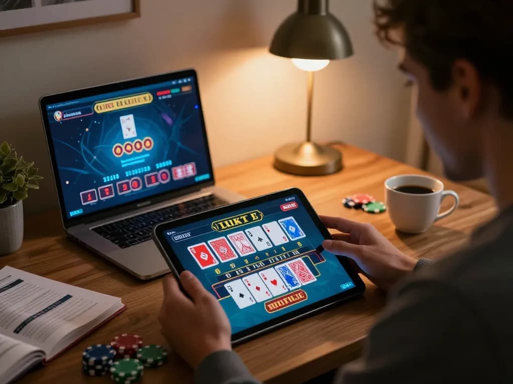Player engaging with f8beta2's live dealer baccarat on a tablet, showcasing excitement and strategy in home gaming.