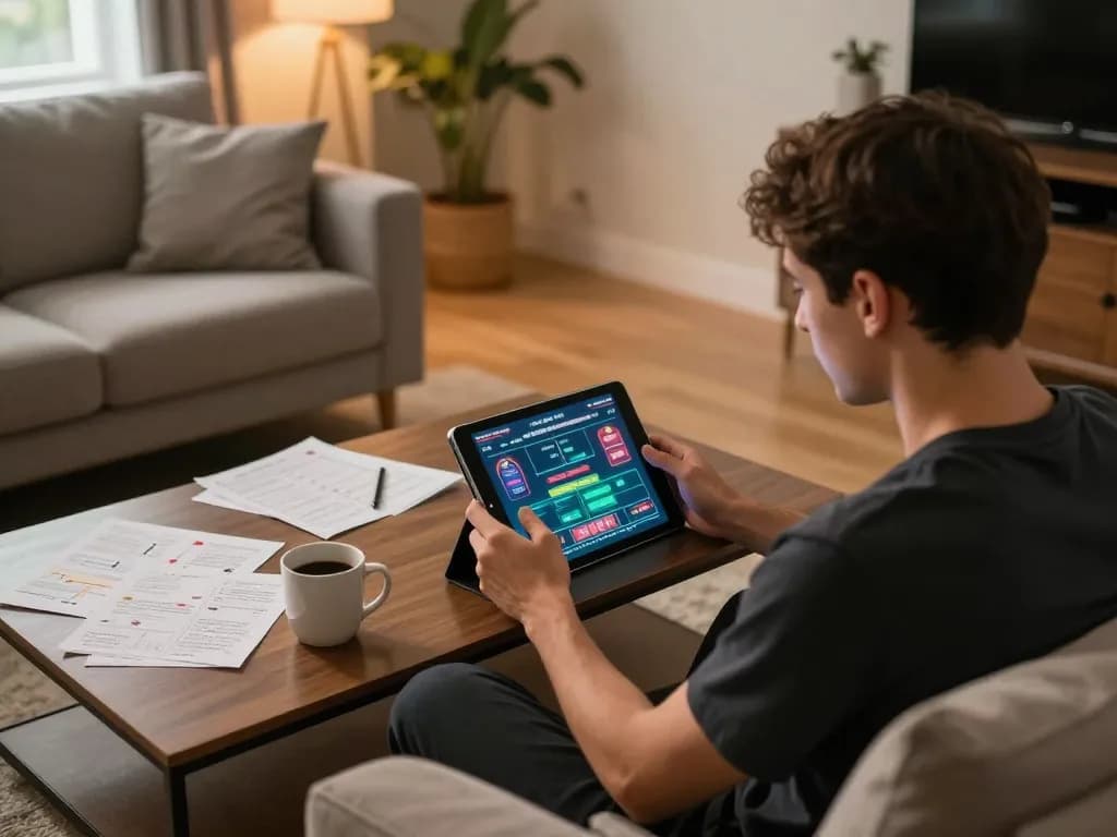 Player enjoying bk8 online gaming on a tablet, cozy home setup reflecting responsible gambling.