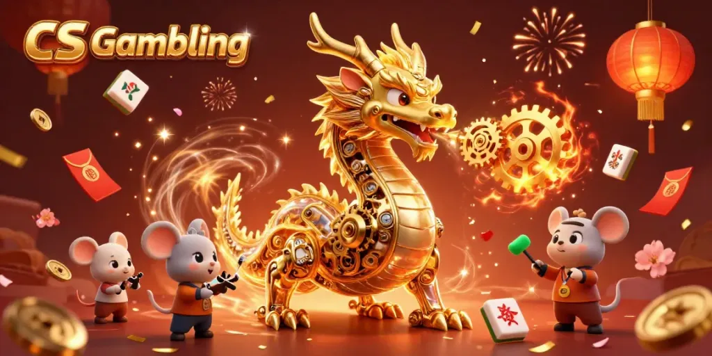 Experience thrilling CS Gambling with vibrant dragon and festive casino elements lighting up the night.