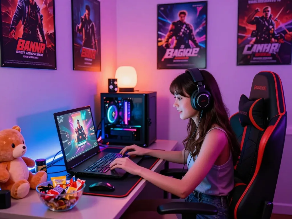 Engaged woman playing a porn game on a vibrant gaming laptop in a cozy gaming setup.