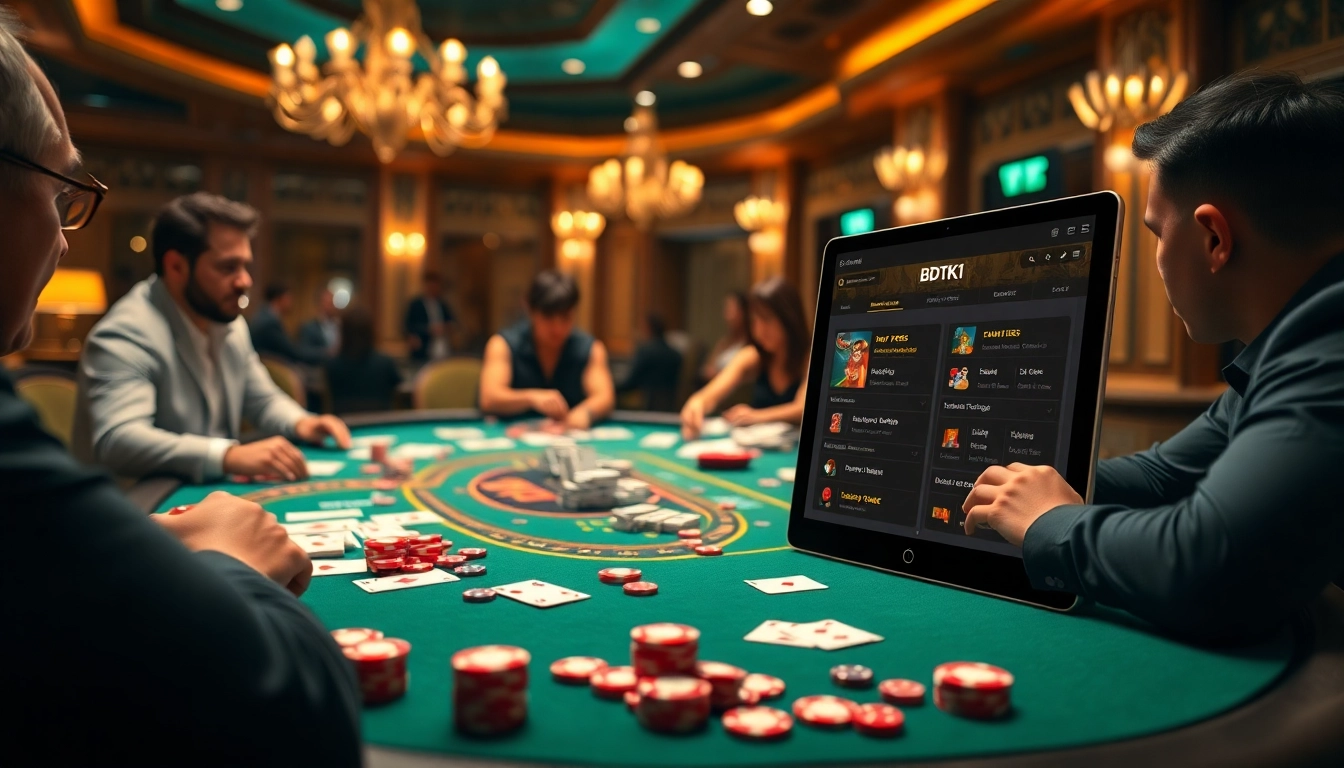 Engaging casino scene showcasing BDTK1 with poker chips and cards on a luxury table.