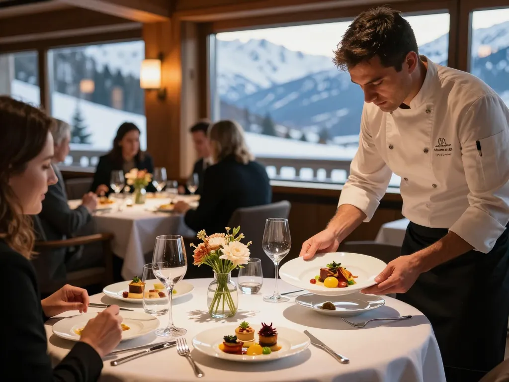 Fine dining experience at https://www.hotel-restaurant-megeve.com/fr/ showcasing gourmet dishes and mountain views.
