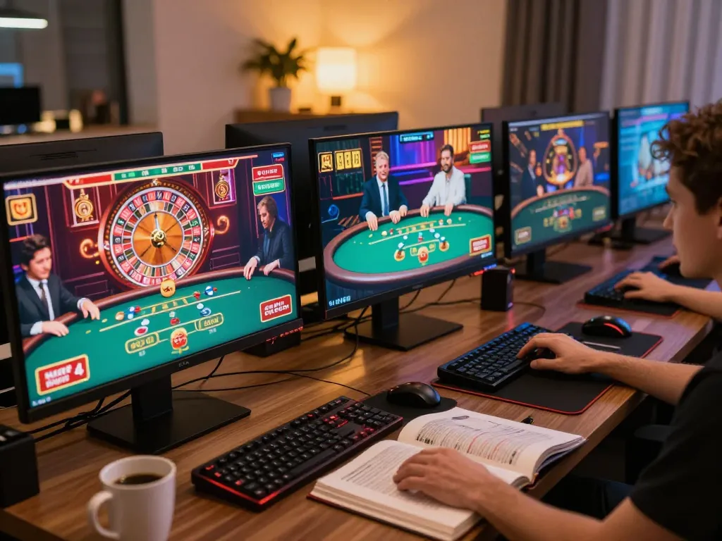 Engaging in pragmatic online gaming strategies with multiple screens showcasing exciting casino gameplay