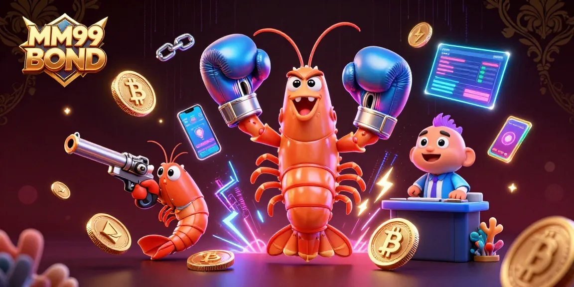 Experience thrilling gameplay with MM99 BOND in a vibrant 3D casino scene featuring lively characters and crypto elements.