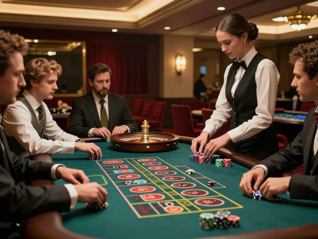 Players enjoying roulette at an upscale casino, showcasing excitement and strategy while engaging in mb66.