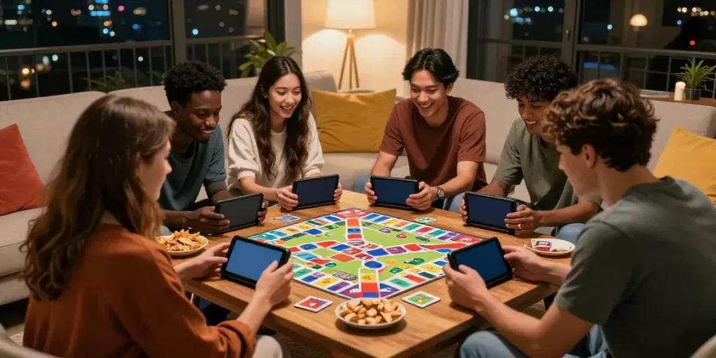 Friends enjoying Rumble Rummy on a smartphone in a cozy living space, highlighting mobile gaming excitement.