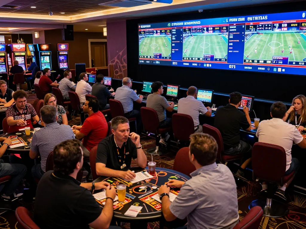 Experience the excitement of sports betting at soc88 with live matches and enthusiastic bettors in a vibrant casino setting.