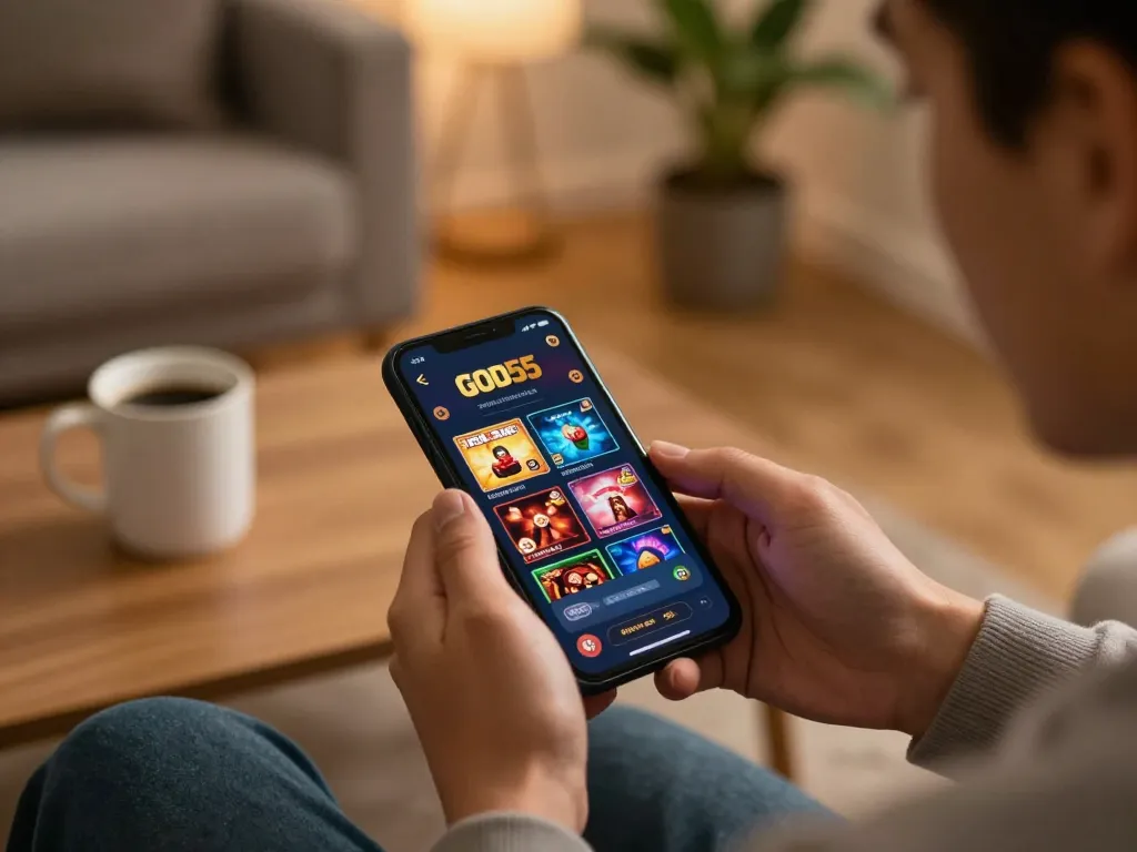 Experience dynamic online gaming with the god55 app in a cozy home setup.