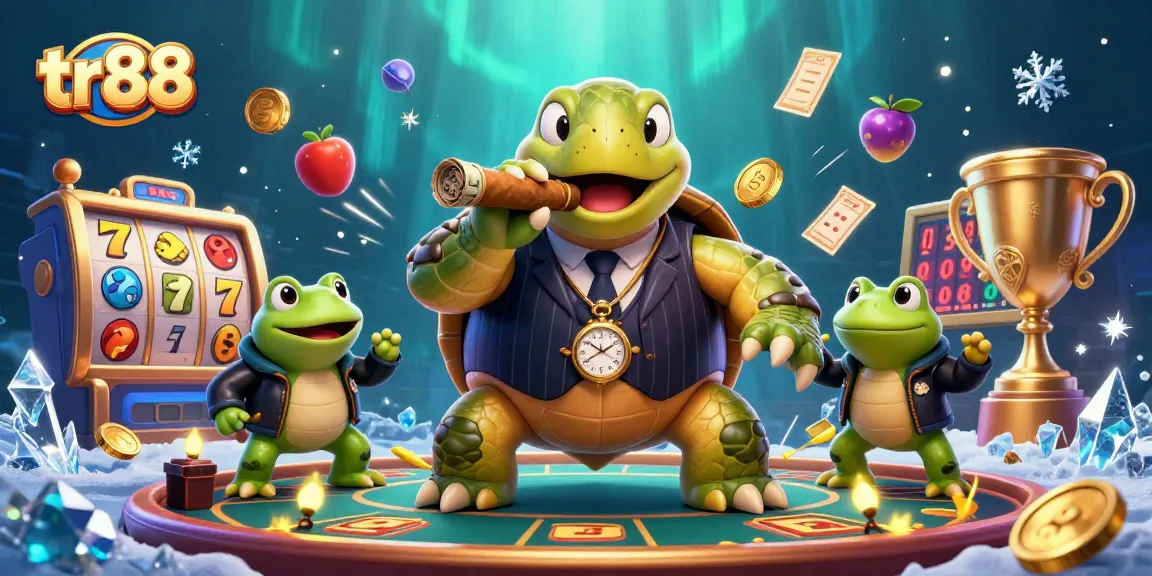 Win big with tr88 - fun-filled slots scene featuring a blingy turtle and bullfrog enforcers!